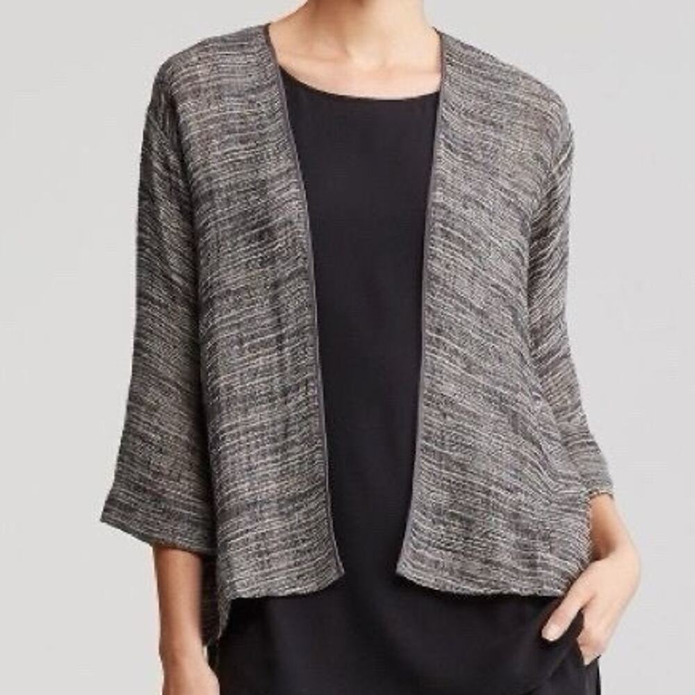 EILEEN FISHER Linen Gauze Open Front Lightweight Cardigan Gray Semi Sheer Medium